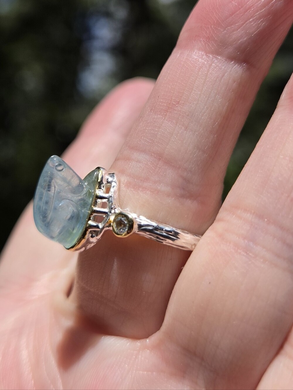 Aquamarine 4k Natural Bunny Carved Topaz Sterling & Gold Ring Sz7.5 - Picture 4 of 11